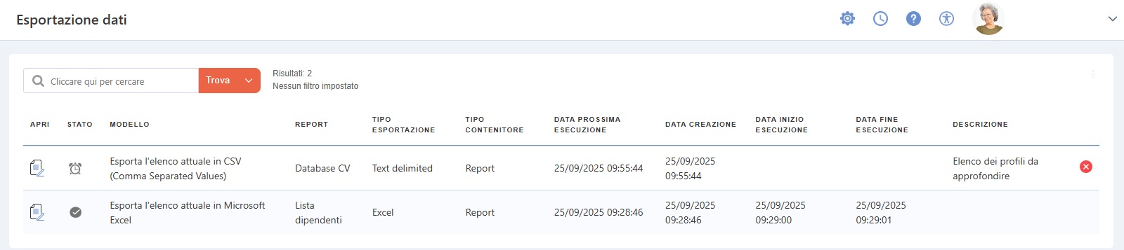 Lista delle esportazioni eseguite