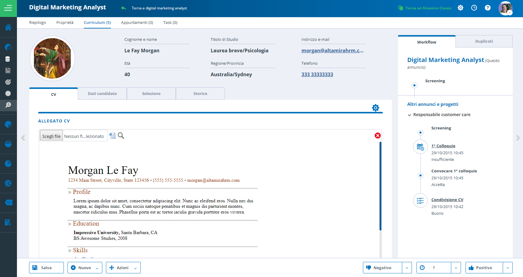 screenshot profilo candidato