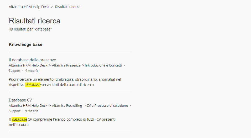 Knowledge Base - lista completa risultati
