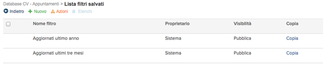 Screenshot dei filtri salvati